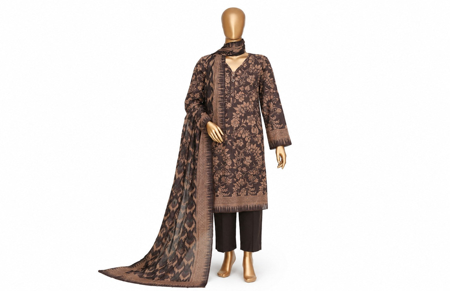 A three-piece men's traditional outfit displayed on a gold mannequin against a white background. The set includes a dark brown printed kurta, matching trousers, and a coordinating dupatta with a brown border.