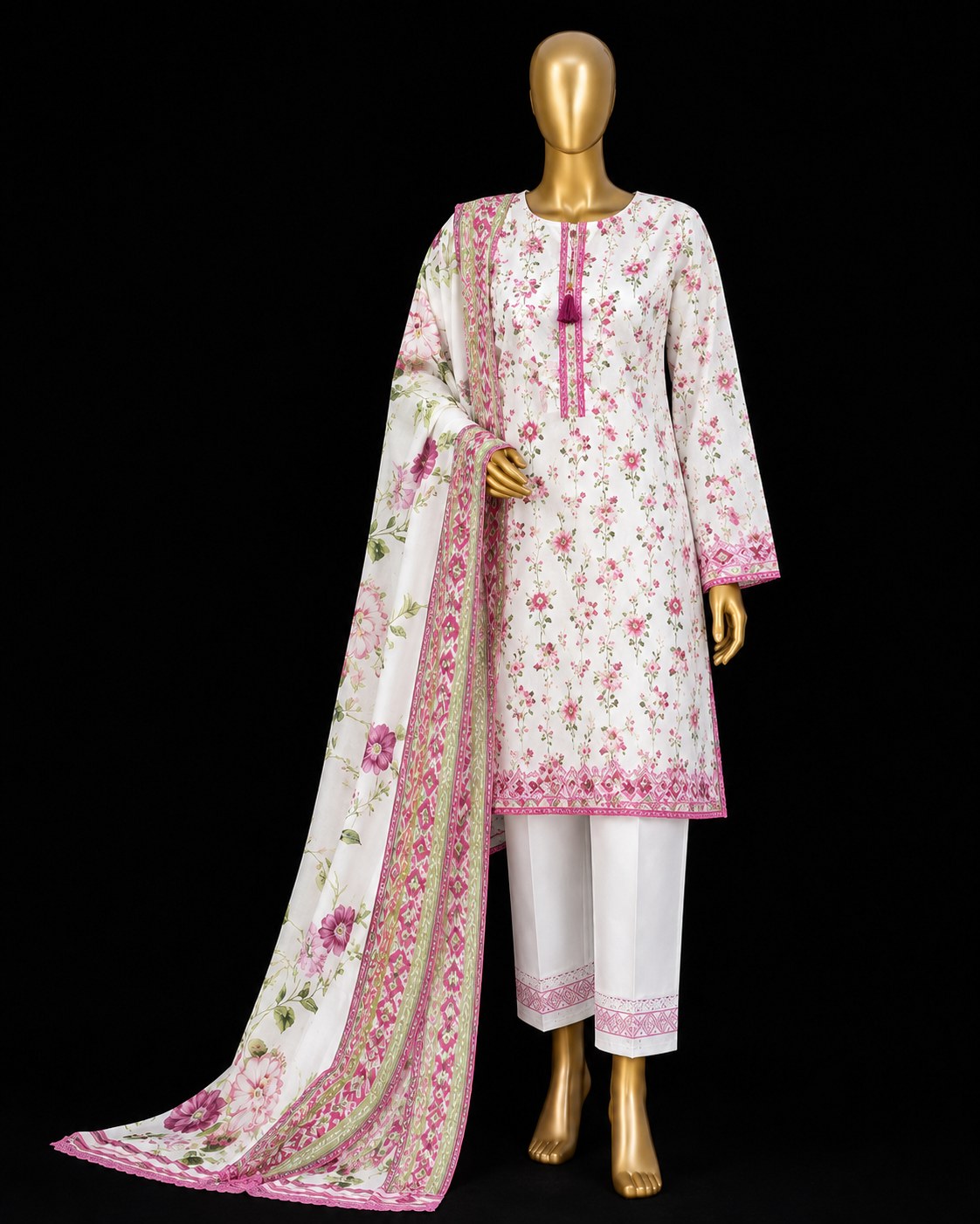 A three-piece women's traditional outfit displayed on a gold mannequin against a solid black background. The set includes a white kurta with pink floral prints and green accents, white trousers with pink floral borders, and a matching dupatta with a pink floral pattern and ornate border.