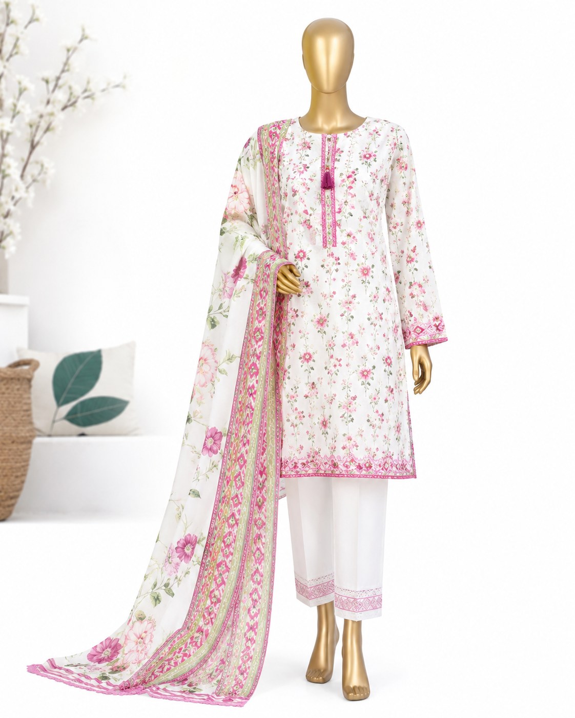 A three-piece women's salwar kameez suit set displayed on a gold mannequin. The set features an off-white printed kurta with pink floral motifs and green leaves, white pants, and a matching printed dupatta with a pink border.