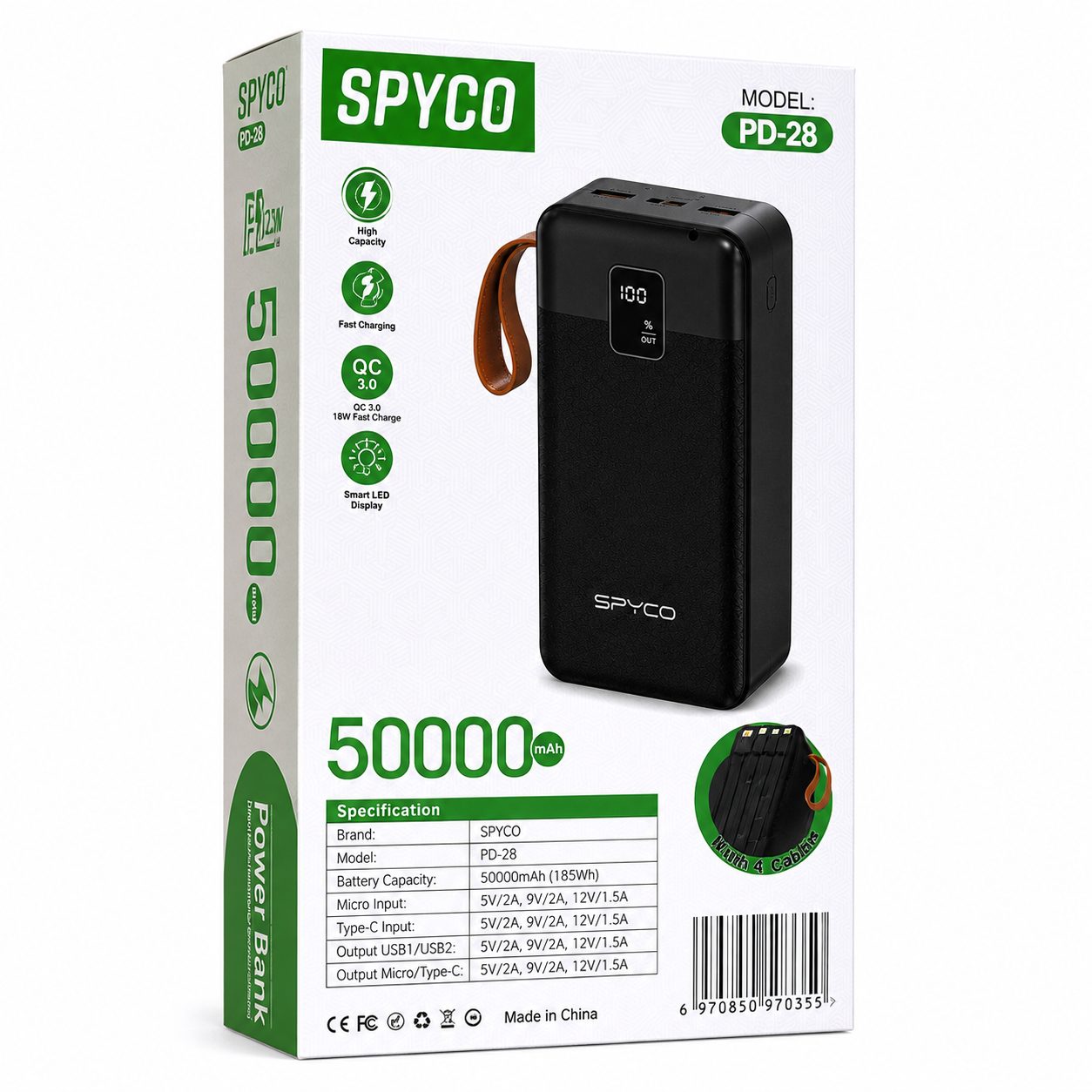 SPYCO PD-28 50000mAh Fast Charging Power Bank with Built-in Cables