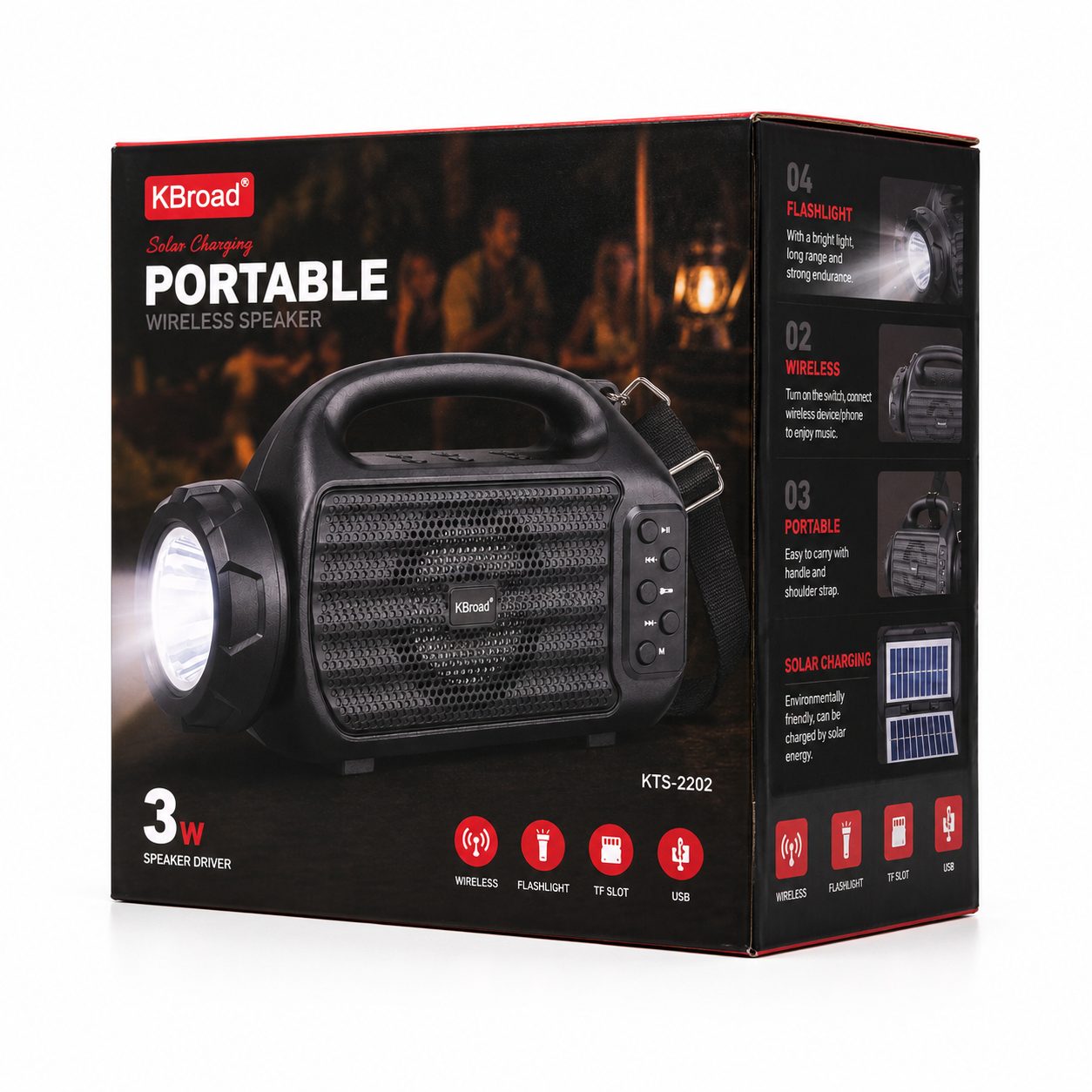 KBroad KTS-2202 Portable Wireless Speaker with Solar Charging & LED Flashlight
