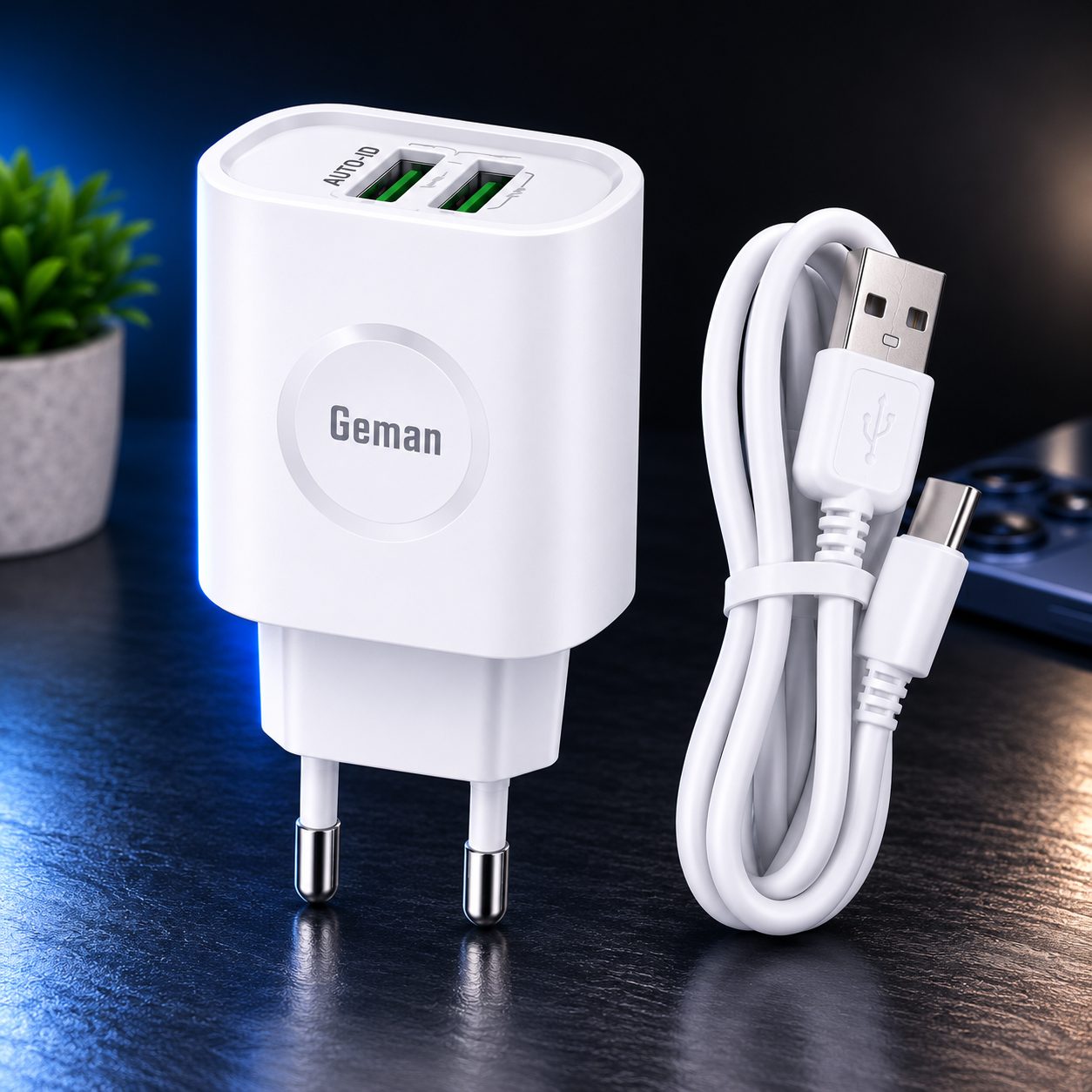 Geman G211 Dual USB Travel Charger with Type-C Cable – 3.1A Fast Charging Adapter