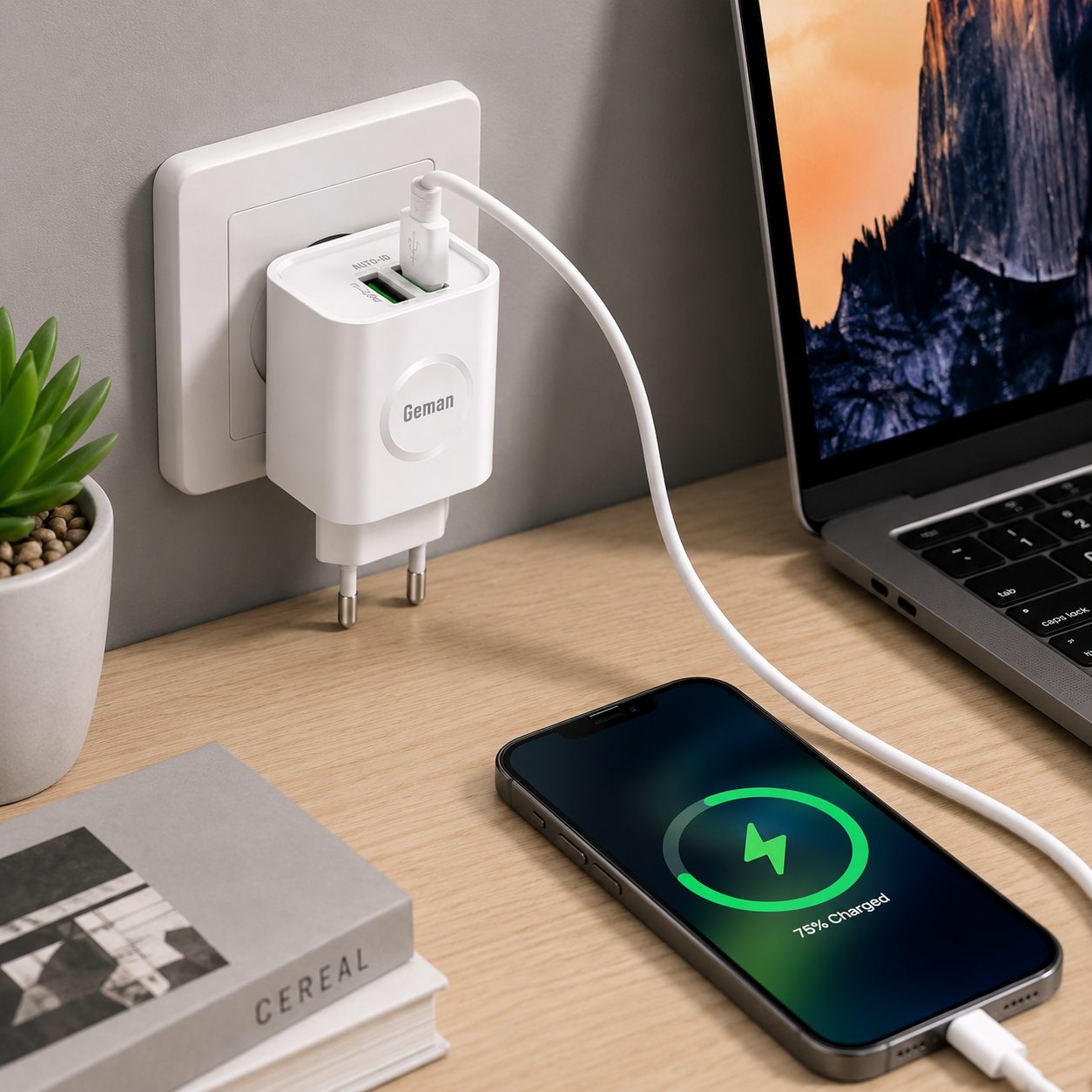 Geman G211 Dual USB Travel Charger with Type-C Cable – 3.1A Fast Charging Adapter