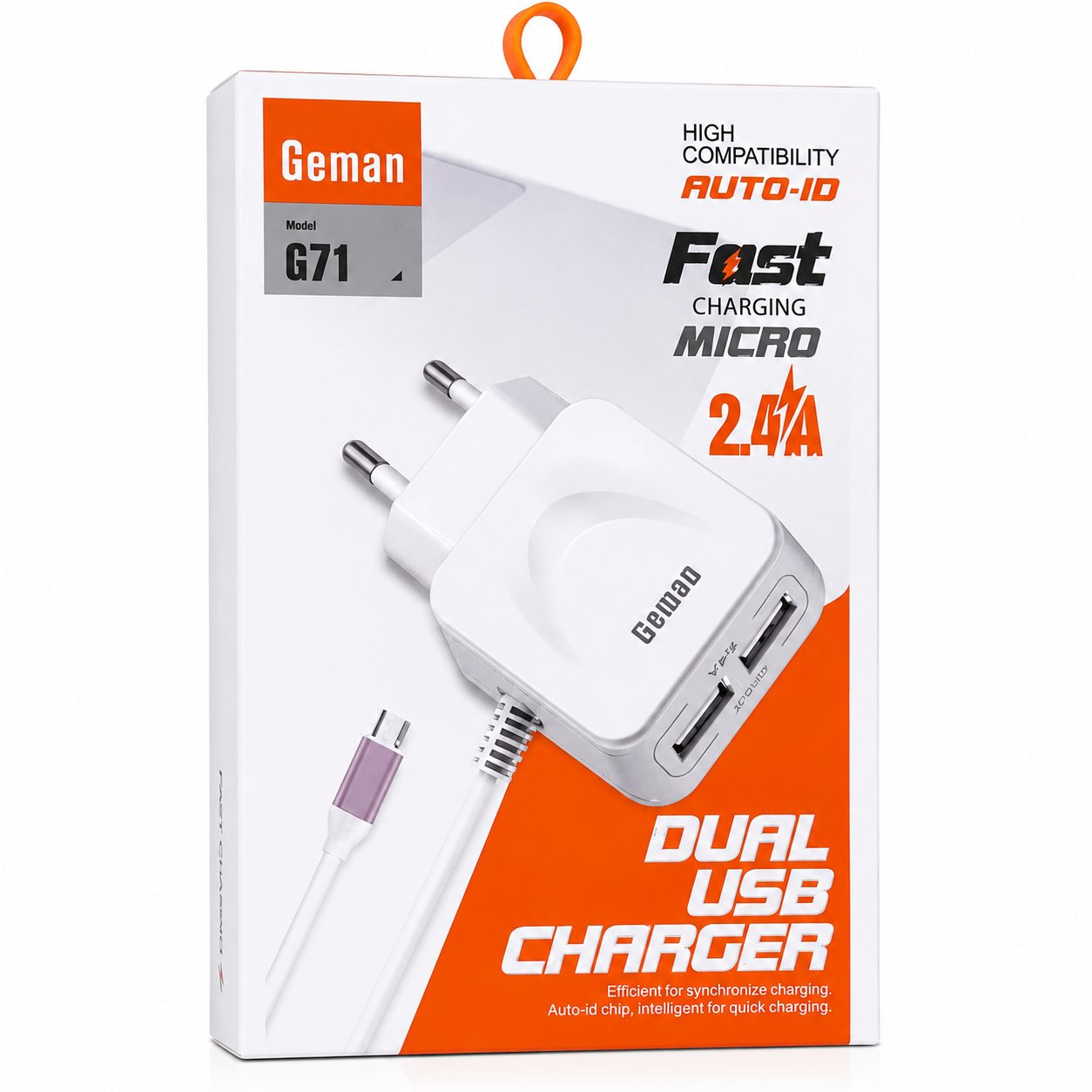 Geman G71 Dual USB Auto-ID Fast Charger 2.4A with Micro USB Cable
